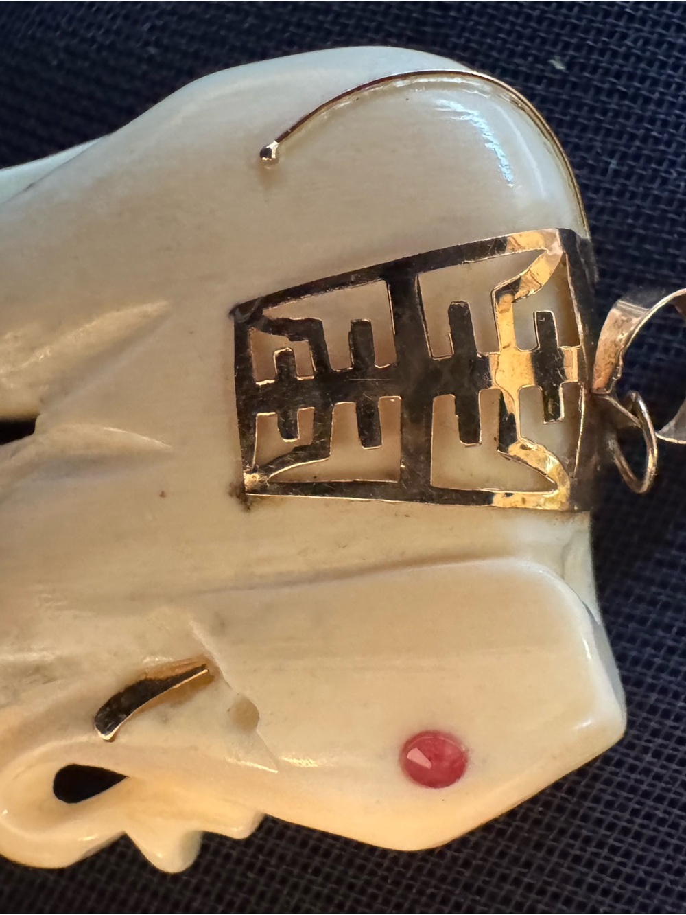 Ox bone Ivory Elephant Pin with Ruby Eye and Gold Accents real gold